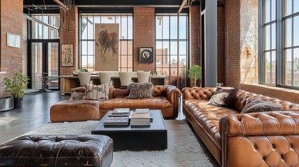 Loft-style living room with vintage leather furniture and industrial dcor.