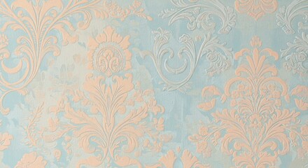 Light teal wallpaper with embossed, pale peach floral patterns