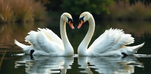 Obraz premium Two majestic swans swim serenely, necks curved, amidst tranquil lake reeds , lake, calm