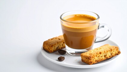 A close-up of a coffee cup with biscuits on a plate, showcasing a minimalist background