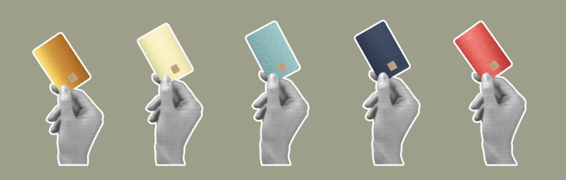 A hand holding a modern, fashionable bank card with chip, symbolizing smart shopping and electronic