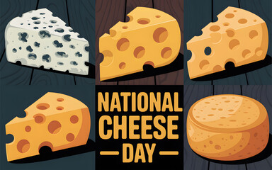 A tasty celebration of national cheese day featuring diverse cheese varieties and festive graphics on a rustic wooden background