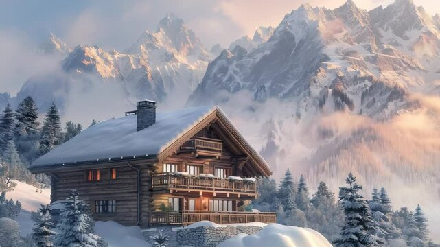 A three-story wooden chalet sits among the snow-covered mountains and trees. The snow-covered roof and balconies provide a picturesque scene with light coming from the inside of the house.