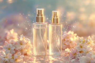 Transparent Spray Bottles Floating Above Jasmine Field