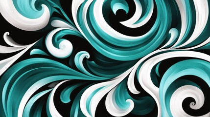 Fototapeta premium Abstract Teal and White Swirls on Black Background: A Digital Art Piece