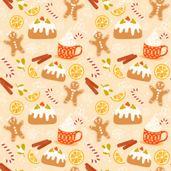 Festive Christmas desserts seamless pattern with gingerbread, Christmas pudding, holly berry, mistletoe, candy cane, cozy mug. Vector illustration. Christmas gift wrapping paper, packaging design
