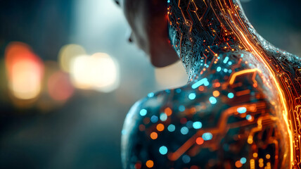 Cybernetic organism integrating technology and biology with vibrant circuitry and digital aesthetic. High-tech fusion vision.