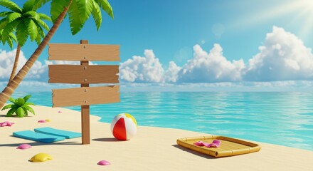Obraz premium Tropical Beach Scene with Palm Tree, Sign, Beach Ball, and Clear Blue Water