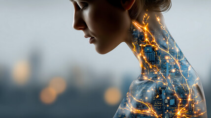Cityscape and human form blend in a surreal portrait, symbolizing connection, innovation, and the convergence of nature and technology.