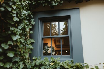 Close-up of a modern blue window surrounded by lush green foliage on a house exterior