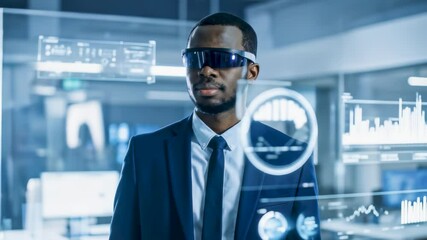 Confident Black businessman in a suit using futuristic virtual interface - Powered by Adobe