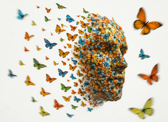 Human face composed of vibrant flowers and butterflies, symbolizing transformation, creativity, and harmony with nature in a surreal and artistic composition.