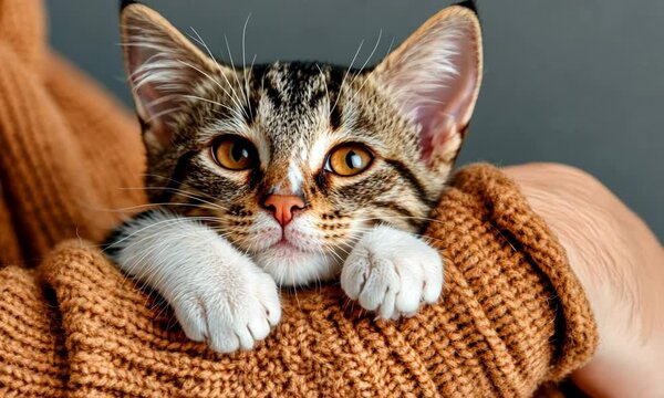 Cute kitten cuddled in a cozy sweater while being held close by a person