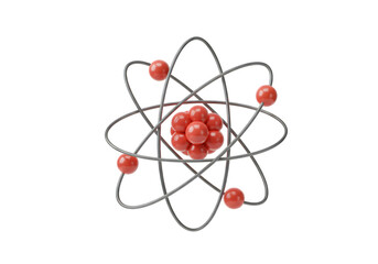 Dynamic 3D Atomic Structure with Red Particles and Orbiting Electrons Isolated on PNG Background.