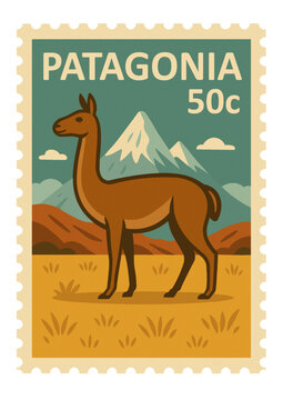Patagonia stamp featuring guanaco or alpaca illustration on transparent background, vector	