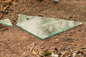 A piece of broken glass resting on the ground, surrounded by dirt and dried plant debris, emphasizing sharp edges and contrast with nature	
