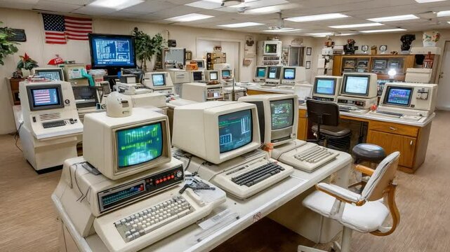 Retro Computer Room: A vintage computer room filled with rows of beige desktop computers, monitors, and keyboards, reminiscent of a bygone era of computing.