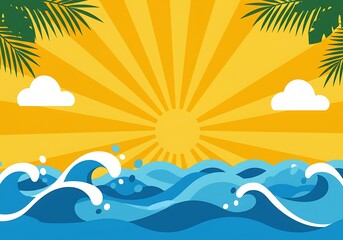 Fototapeta premium Sunrise Over Ocean Waves with Palm Leaves and Splashing Water