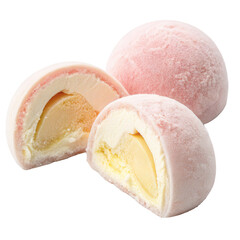 Pink mochi ice cream with a creamy filling, shown whole and sliced to reveal its layered interior, isolated white background