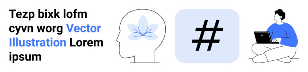 Conceptual head outline with a flower, metadata tag in square, person sitting with laptop. Ideal for creativity, innovation, technology, mindfulness, social media, online work simple landing page