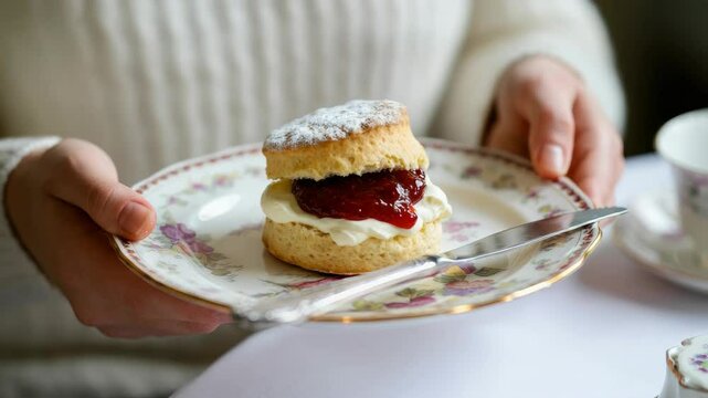 Scone with cream and jam on plate, hands holding