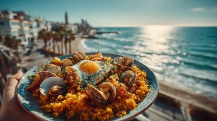 Hand holding vibrant Spanish paella against the coastline of Valencia on a sunny day