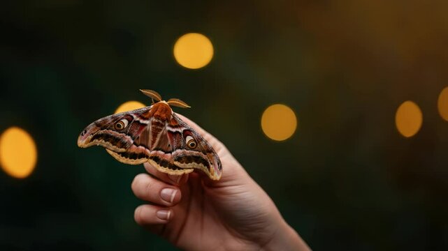 Hand holding large moth with blurred lights in background