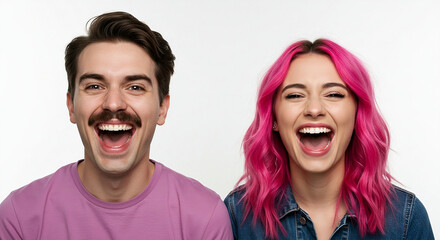 Funny best friends and couple laughing cheerfully while standing together in a studio
