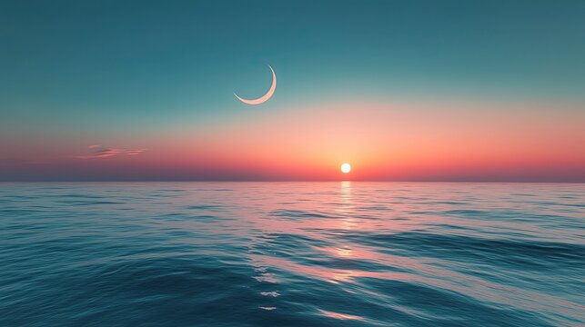 Serene ocean sunset with a crescent moon casting a peaceful glow evoking hope and tranquility in calming soft light and - Powered by Adobe