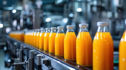 A 4K photo of row of orange juice bottles on a production line in a modern beverage factory with industrial machinery in the background.