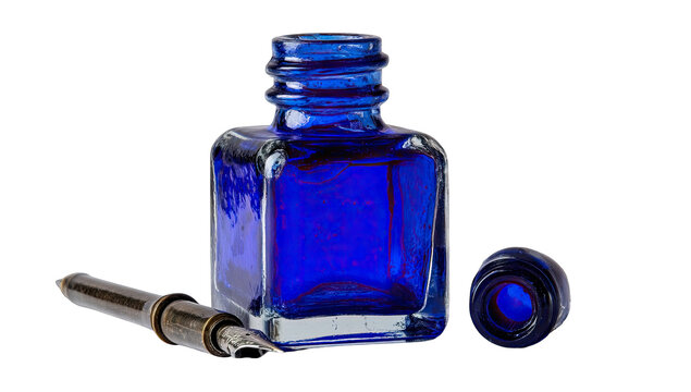 Dark-blue glass ink bottle and nib