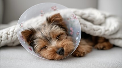 Small dog rests peacefully under a cozy blanket after surgery recovery