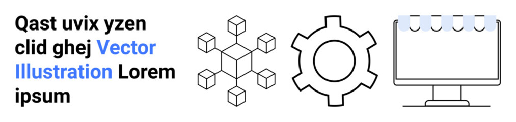 Abstract network cubes, cogwheel, and calendar on a monitor. Ideal for technology, networking, innovation, workflow, productivity system design data. Perfect for a simple landing page