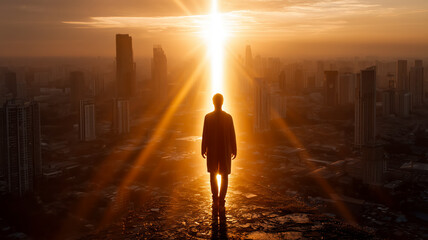 Fototapeta premium A silhouette walks into a city aglow with sunset rays, embracing hope and the promise of a new dawn amid the towering skyline.