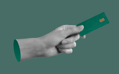 Bank card held in hand, showing credit and debit features. Retro halftone style, symbolizing