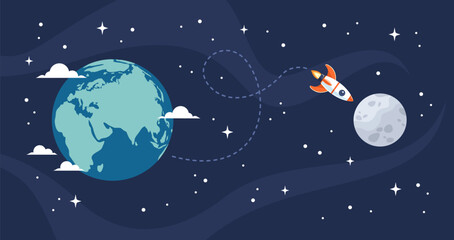 Space rocket flying from Earth to the Moon, vector illustration in flat style