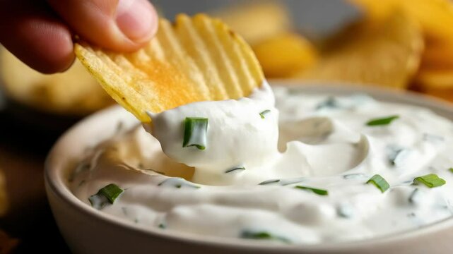 Hand dipping chip into bowl of creamy dip with green herbs