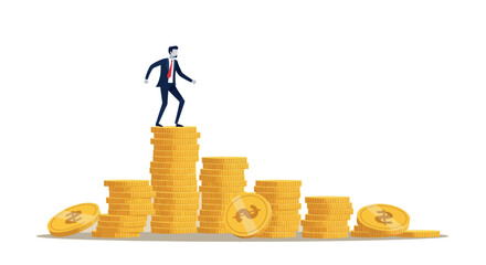 Businessman balancing on stack of coins symbolizing financial success and risk management
