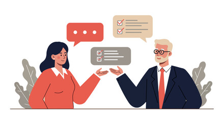 Asian female and caucasian male professionals discussing checklist with speech bubbles