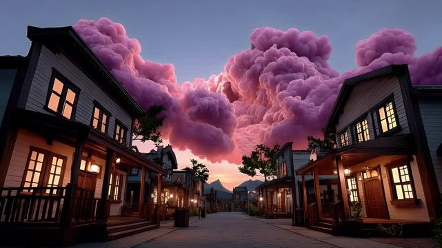 Pink clouds town street twilight