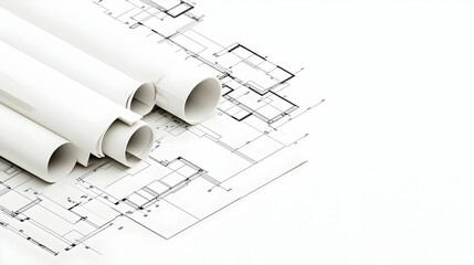 Rolled Architectural Drawings On White Background