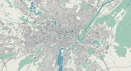 Detailed city map with roads, waterways, and green spaces
