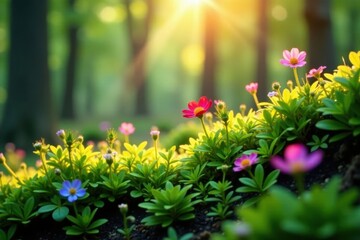 Delicate moss clinging to vibrant wildflowers in a sun-dappled forest , natural, closeup