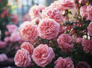 Fototapeta premium Close-up of blooming pink roses in a lush garden with green leaves and soft natural light