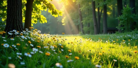 Obraz premium Sun-dappled meadow, wildflowers bloom in forest clearing, spring, sunlight