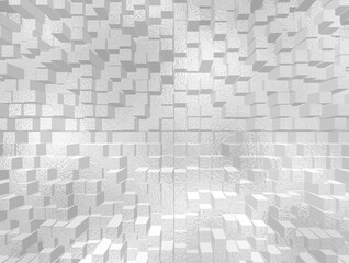 A fantasy landscape of extruded gray blocks in 3D illustration. 3D soft silver abstract background with extruded rectangular blocks arranged in a grid-like pattern. The perspective creates a tunnel