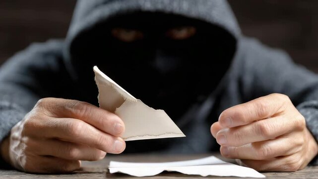 A person in a hoodie holds a torn envelope, creating a mysterious and secretive atmosphere.