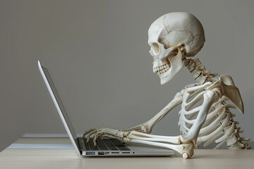 Sharp Picture of Human Skeleton in Suit Using Laptop at Table, Closeup