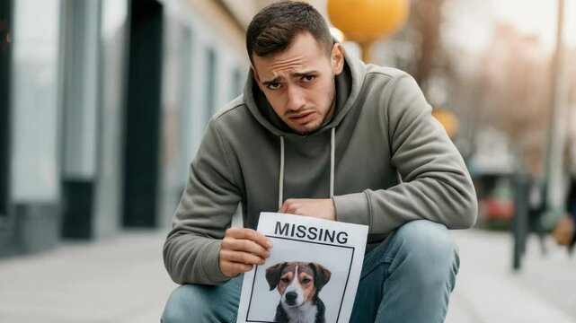 Man holding missing dog poster, looking distressed on street