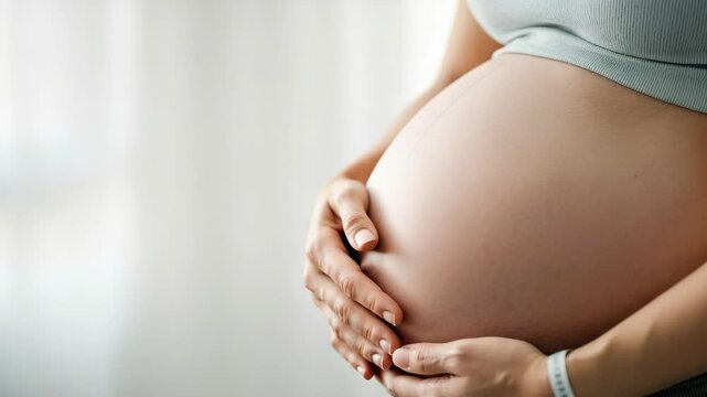 Close-up of pregnant woman's belly, showing hands cradling it